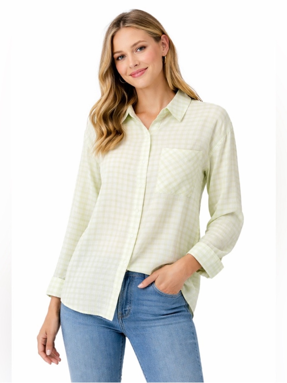 Ivory lime green plaid button down long sleeve top blouse cotton